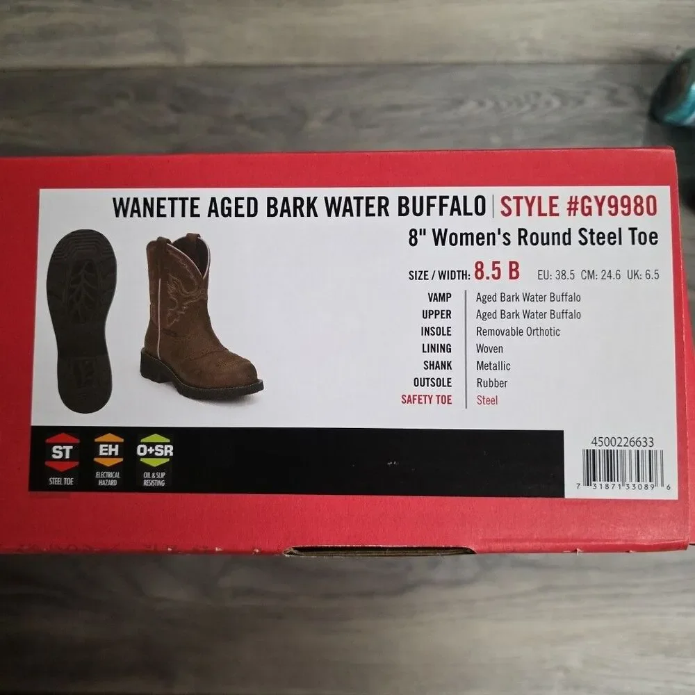 Justin Wanette Aged Bark Water Buffalo Women’s 8.5B 8” Round Steel Toe Boots NEW